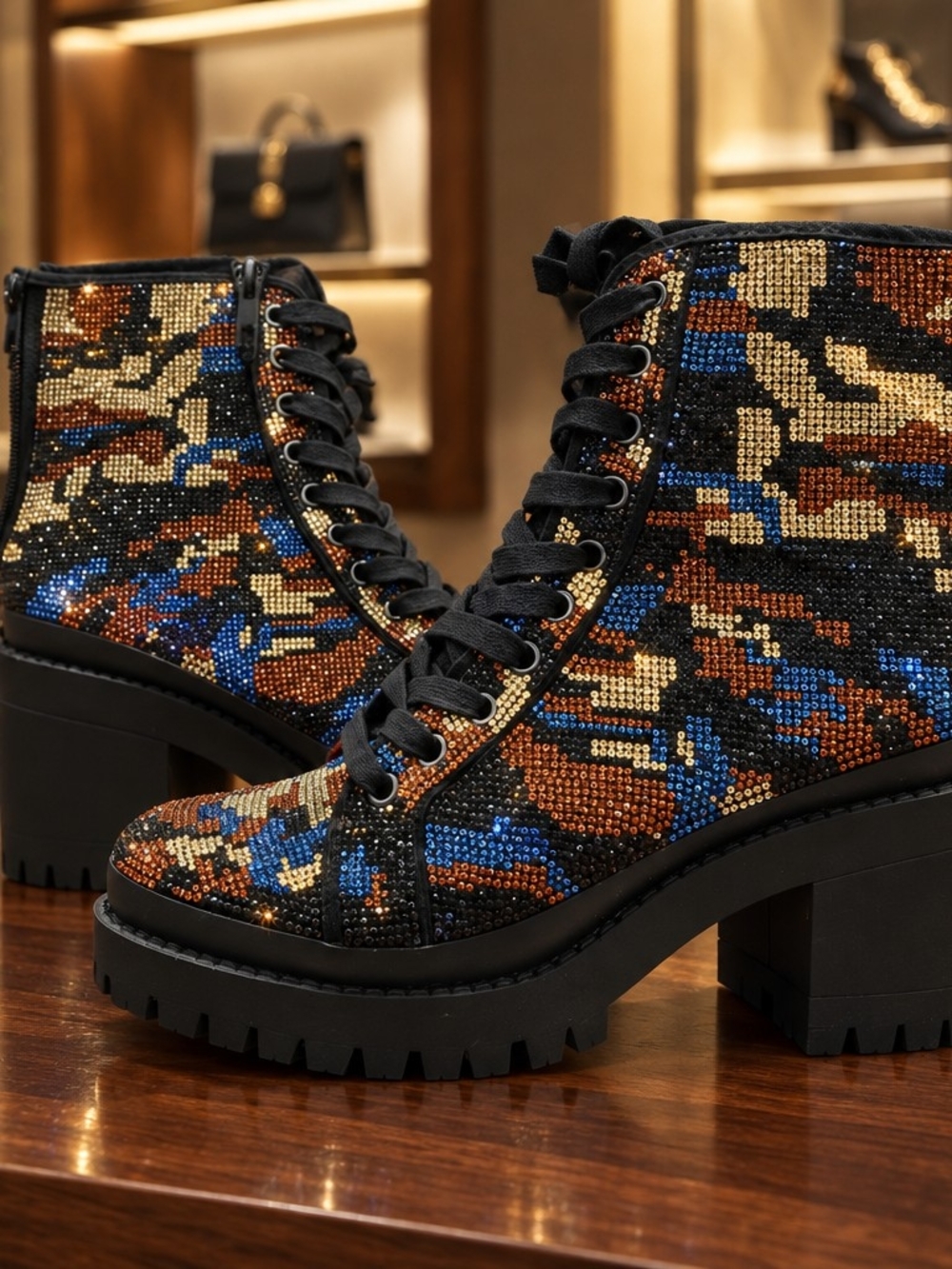 Steve Madden Pass Camo Multi Rhinestone Platform Combat Boots Womens Size 9M
